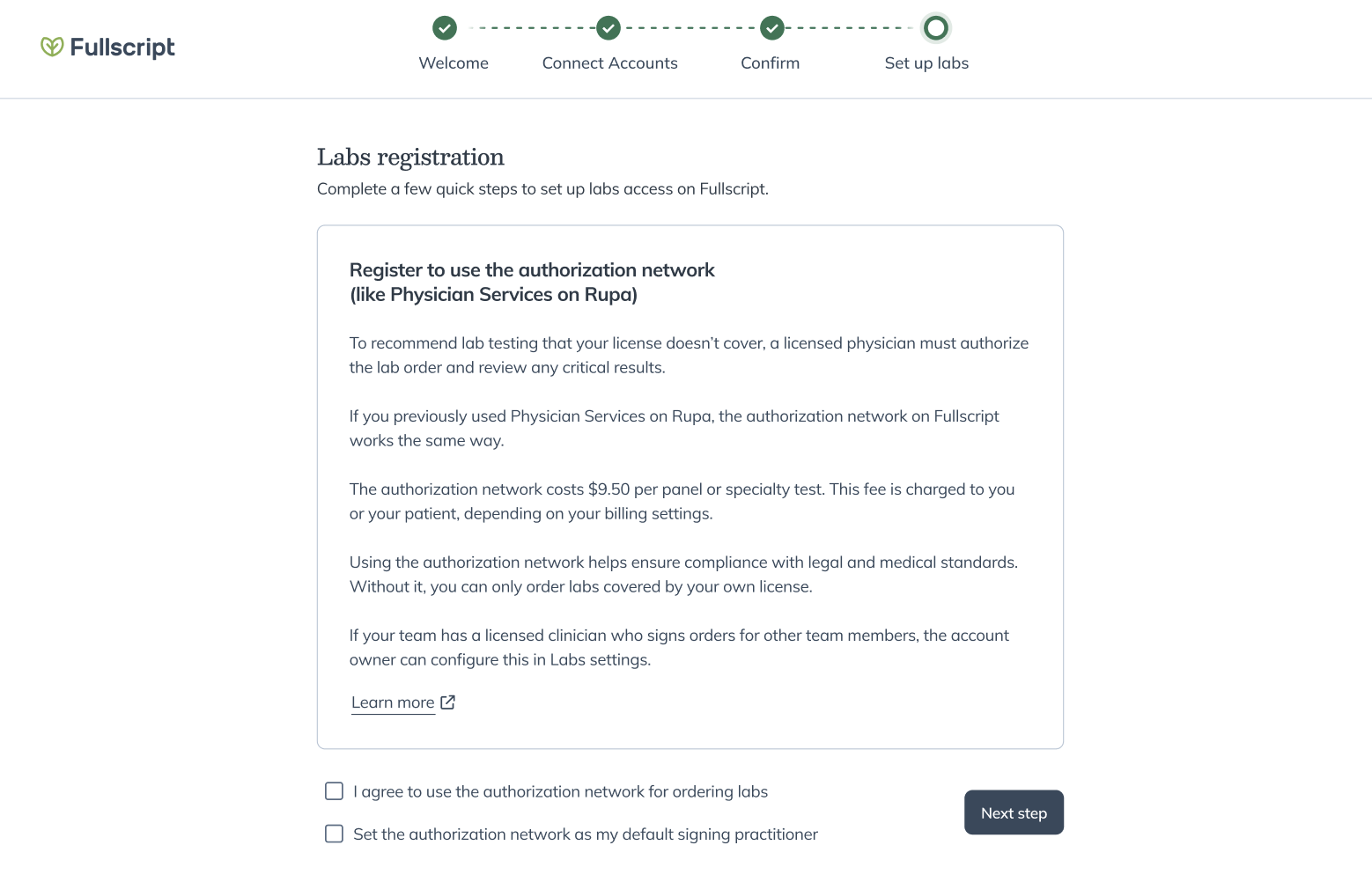 Authorization network registration screen explaining ordering access and signing practitioner settings.